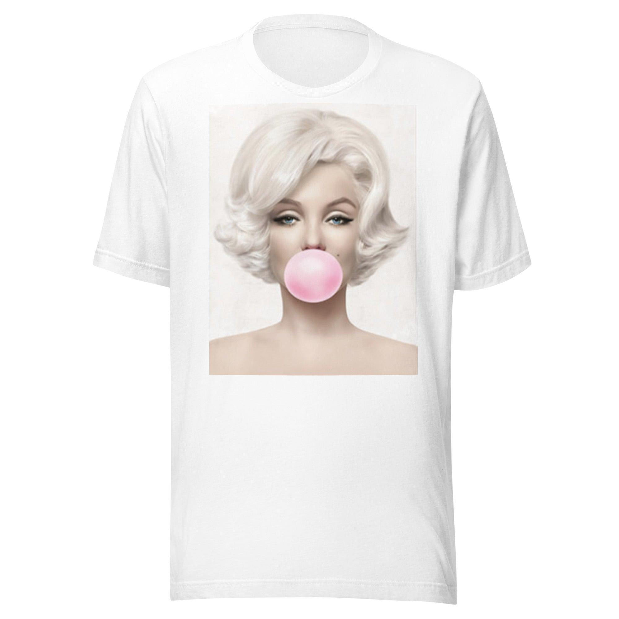 Mock up of a whitet-shirt with a graphic of portrait of Marilyn Monroe Autgaphed with her name in pink and red lipstick