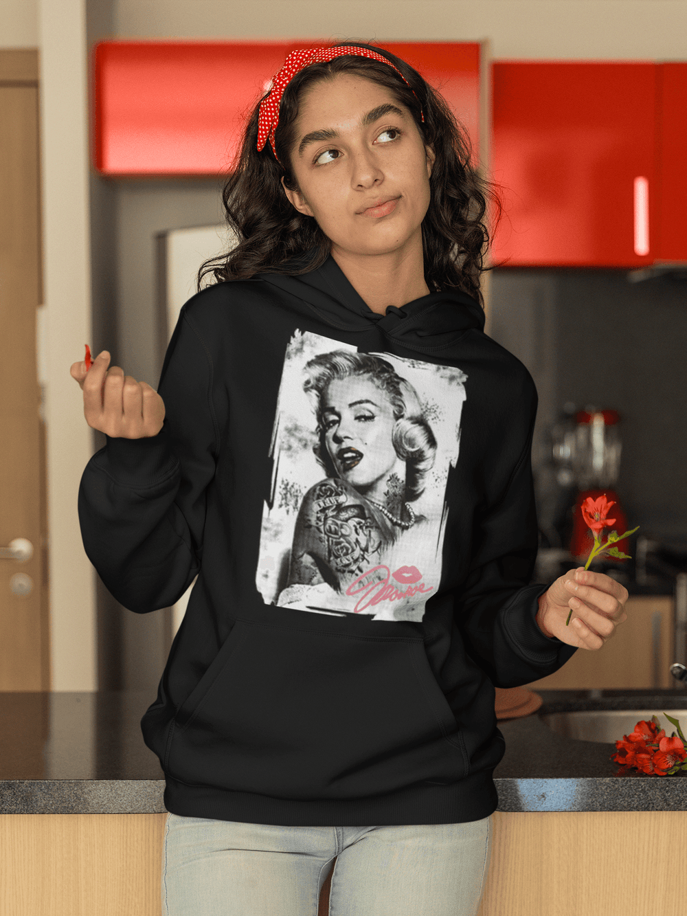 Blended Cotton Hoodie Autographed Portrait of Iconic Pinup Girl - TopKoalaTee