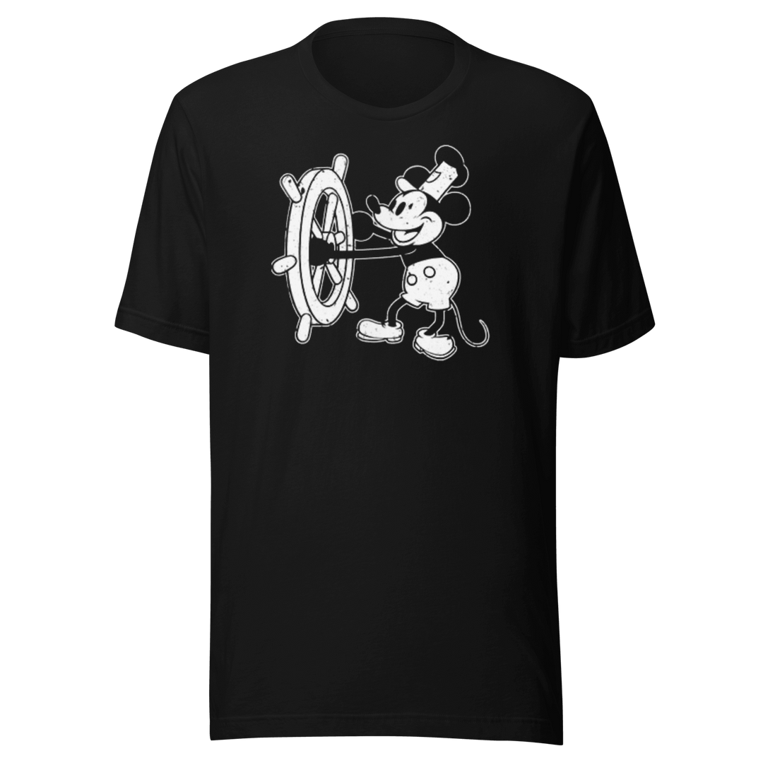 Animated T-shirt Famous Mouse Driving Steam Boat Short Sleeve Ultra Soft Cotton Unisex Top - TopKoalaTee