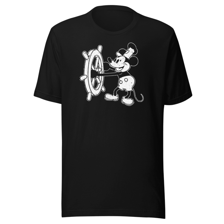Animated T-shirt Famous Mouse Driving Steam Boat Short Sleeve Ultra Soft Cotton Unisex Top - TopKoalaTee