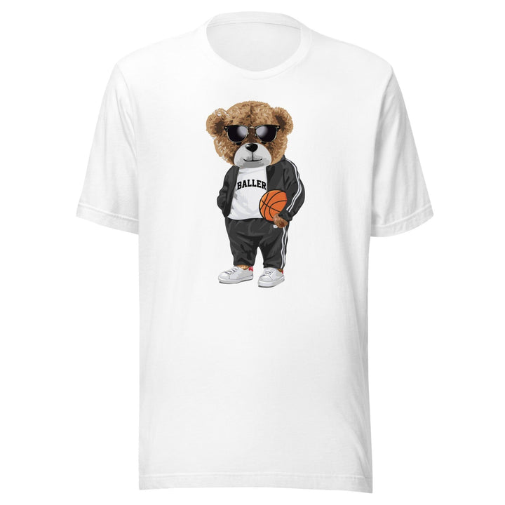 Basketball T-shirt Urban Teddy Bear Series In Baller Shirt and Shades Holding Basketball Short Sleeve Unisex T-Shirt - TopKoalaTee