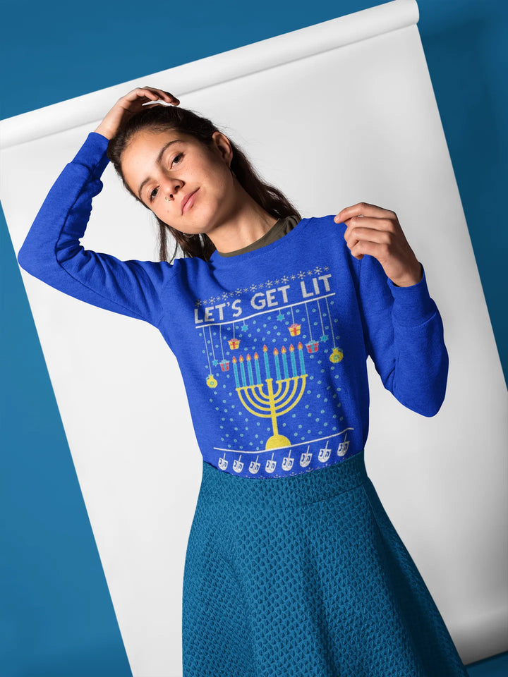 Ugly Chanukah Graphic Crewneck Sweatshirt Let's Get Lit