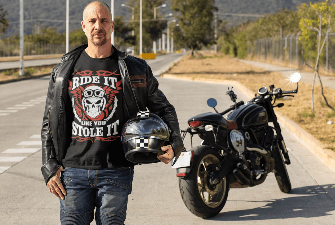 Biker T-shirt Ride It Like You Stole It Short Sleeve 100% Cotton Ultra Soft Crew Neck Top - TopKoalaTee