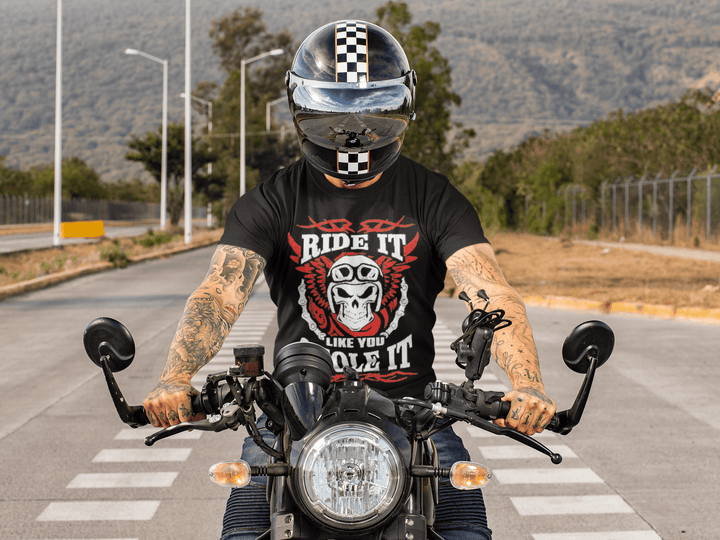 Biker T-shirt Ride It Like You Stole It Short Sleeve 100% Cotton Ultra Soft Crew Neck Top - TopKoalaTee