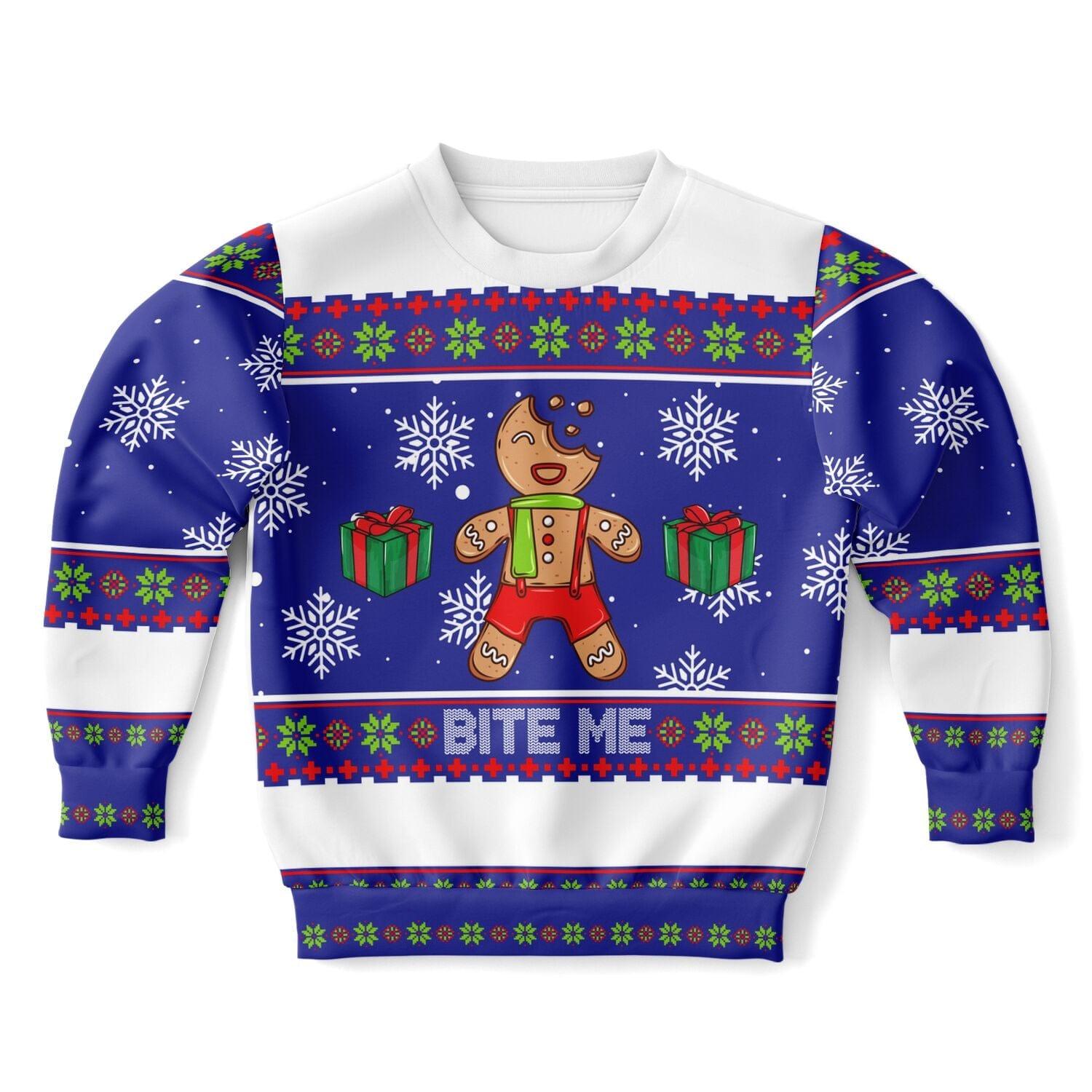 Bite Me Gingerbread Kids Unisex Ugly Christmas Sweatshirt - TopKoalaTee