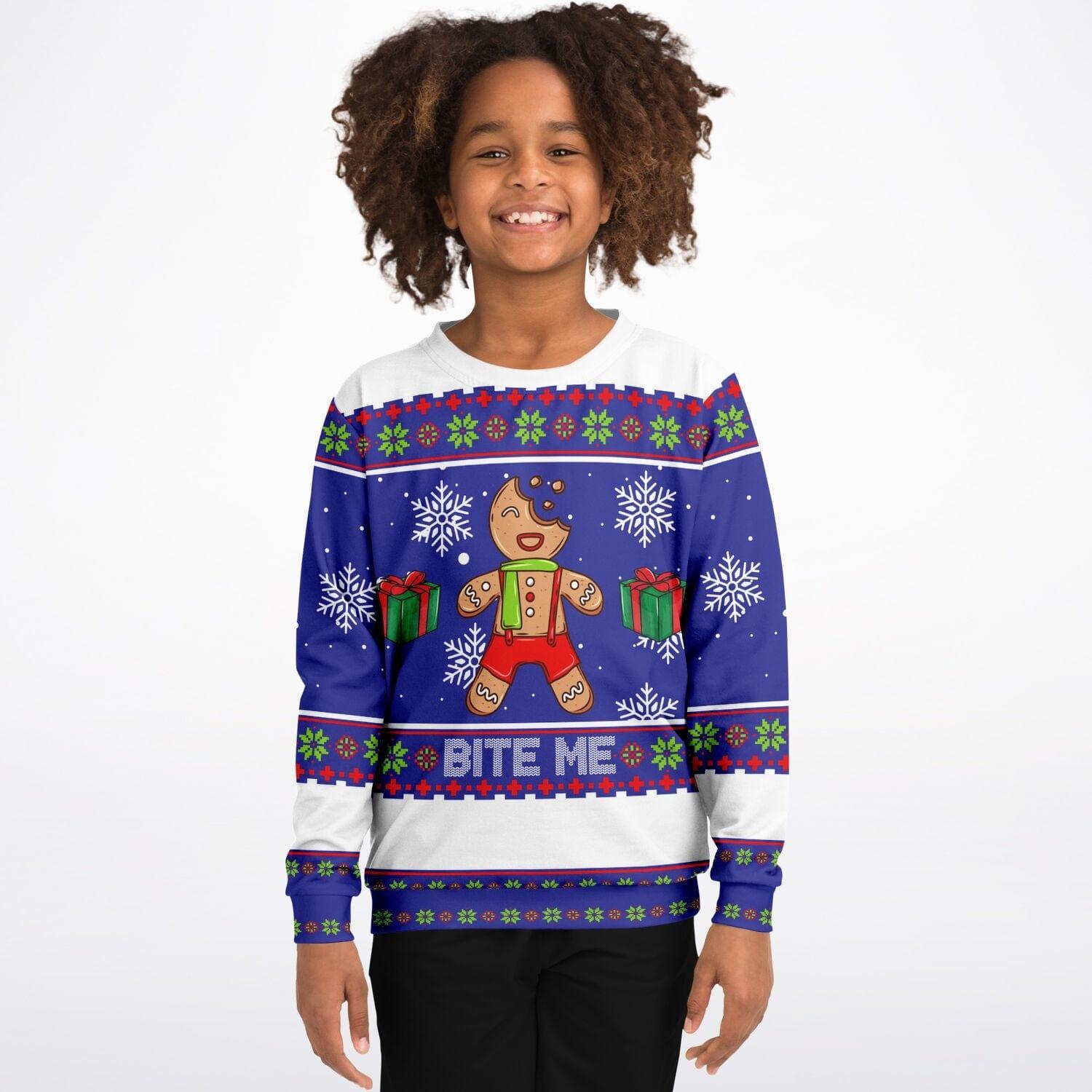 Bite Me Gingerbread Kids Unisex Ugly Christmas Sweatshirt - TopKoalaTee