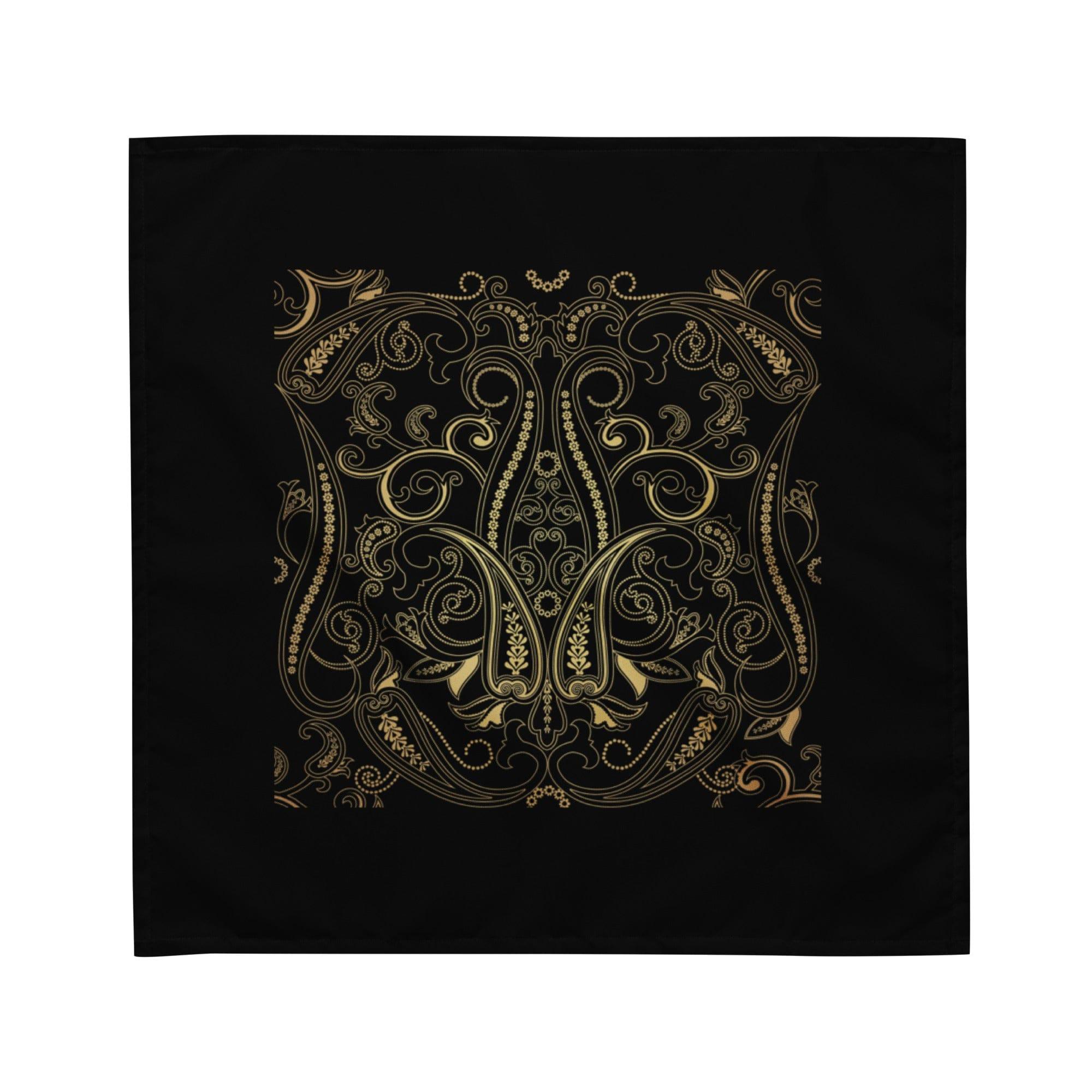 Black and Gold Bandana with Paisley and Oriental Motifs on Black Background Designer Neckerchief - TopKoalaTee