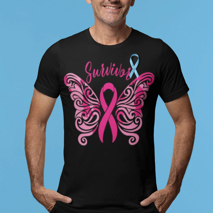 Breast Cancer Awareness Tshirt Survivor Shaped Butterfly Short Sleeve Crewneck Top - TopKoalaTee