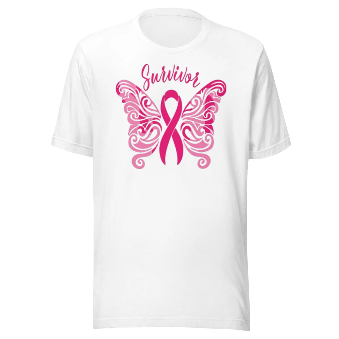 Breast Cancer Awareness Tshirt Survivor Shaped Butterfly Short Sleeve Crewneck Top - TopKoalaTee