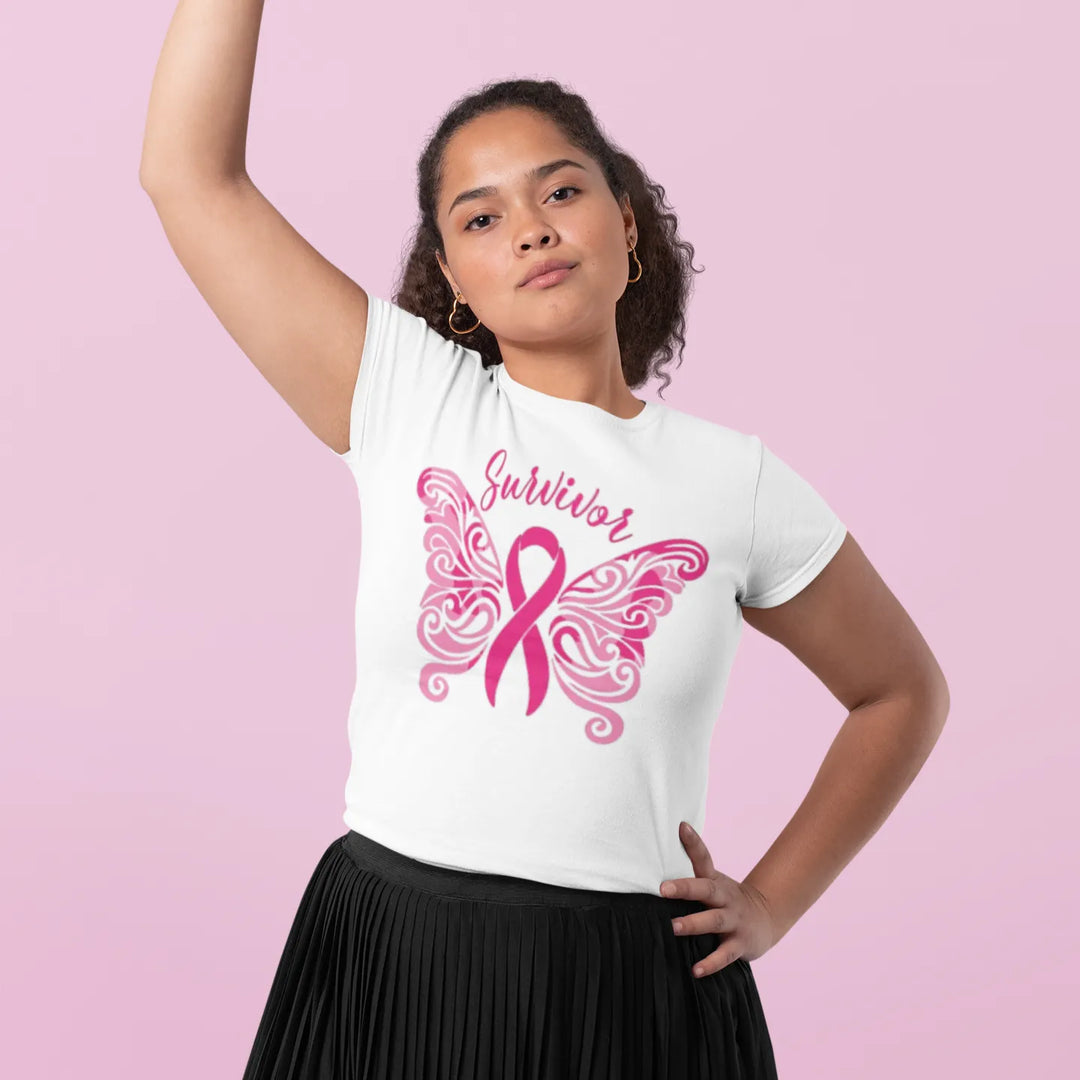 Breast Cancer Awareness Tshirt Survivor Shaped Butterfly Short Sleeve Crewneck Top - TopKoalaTee