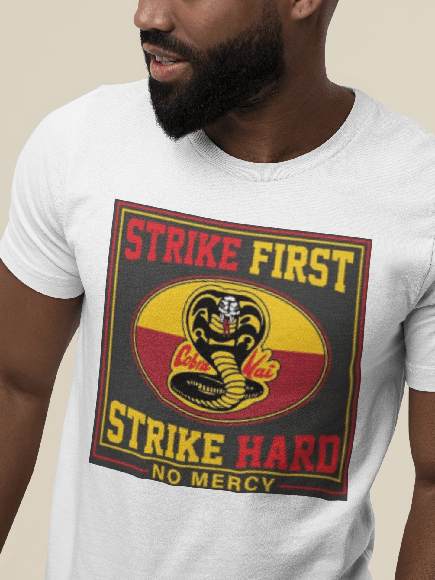 Karate T-shirt Cobra Kai Strike First No Mercy Short Sleeve Ultra Soft Cotton Crewneck Top - TopKoalaTee