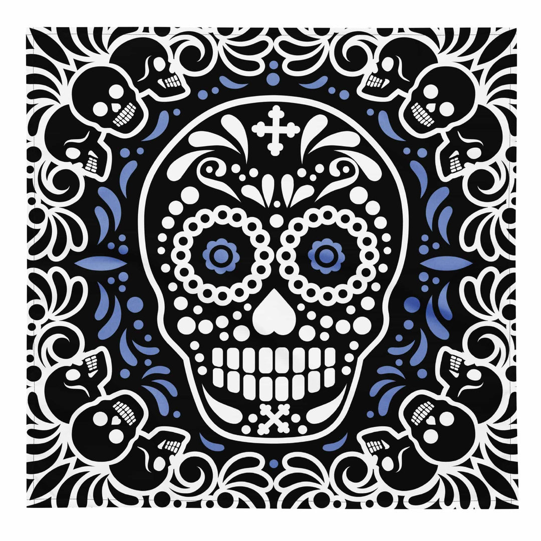 Designer Bandana Blue and White Día de Muertos Sugar Skull Neck Scarf - TopKoalaTee