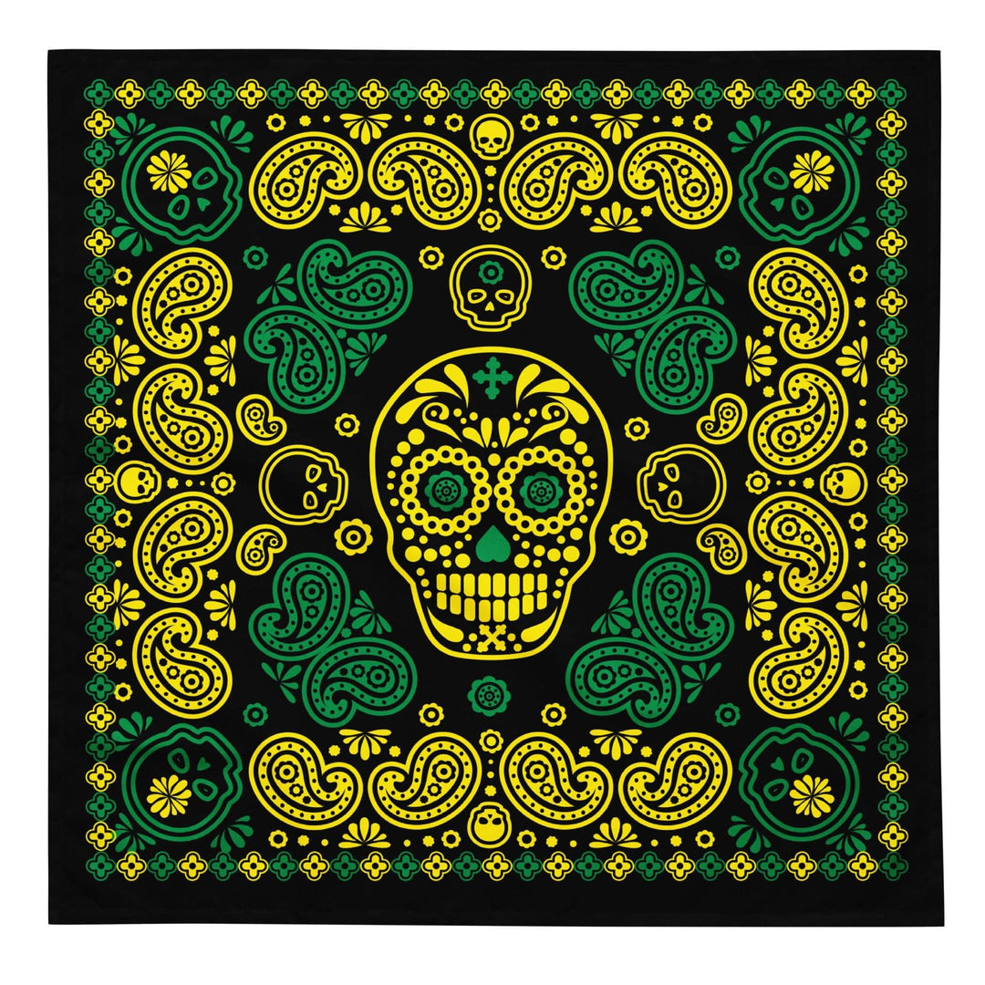 Día de Muertos Green and Yellow Sugar Skull Designer Bandana Neck Scarf - TopKoalaTee