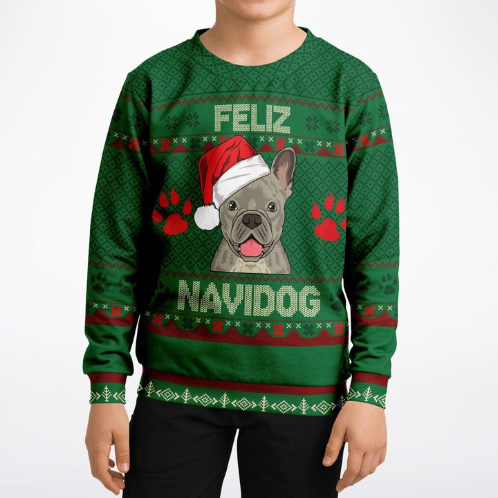 Feliz Navidog French Bulldog Kids Unisex Ugly Christmas Sweatshirt - TopKoalaTee