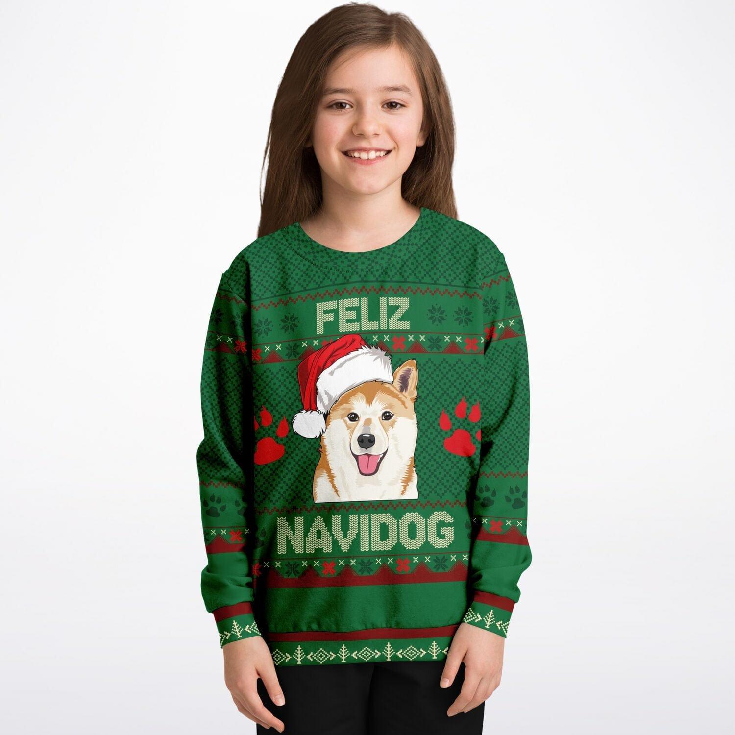 Feliz Navidog Shibu Unu Kids Unisex Ugly Christmas Sweatshirt - TopKoalaTee