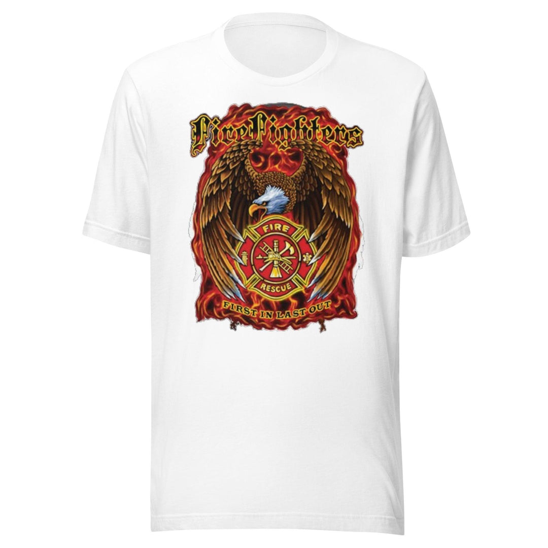 Firefighter T-Shirt Fire Rescue First In Last Out Short Sleeve 100% Cotton Unisex Crew Neck Top - TopKoalaTee