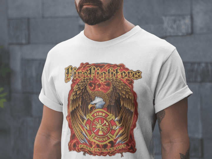 Firefighter T-Shirt Fire Rescue First In Last Out Short Sleeve 100% Cotton Unisex Crew Neck Top - TopKoalaTee