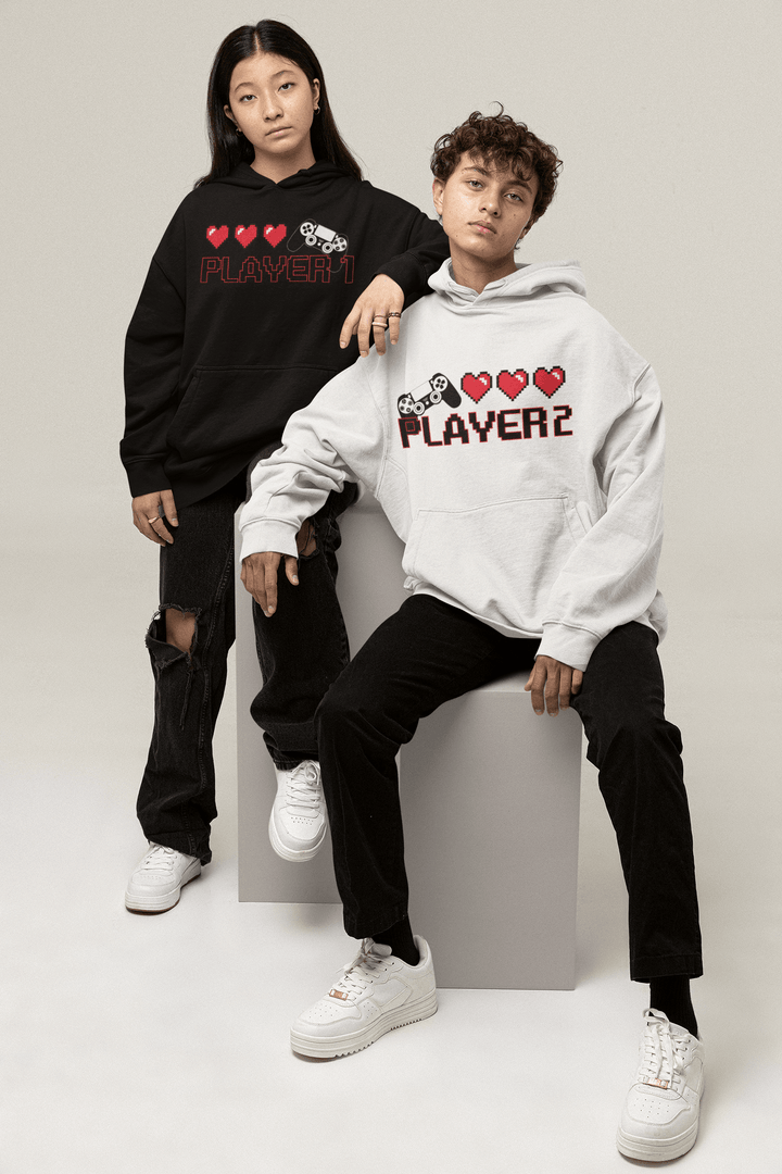 Gamer Hearts Player 1 / Player 2 Ultra Soft Blended Cotton Midweight Pullover Hoddie Set - TopKoalaTee