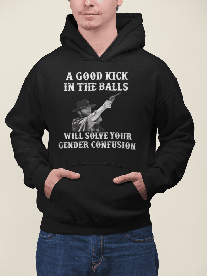 Gender Identity Hoodie A Kick In The Balls Will Solve Gender Confusion Blended Cotton Pullover - TopKoalaTee