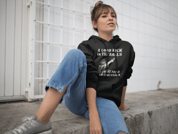 Gender Identity Hoodie A Kick In The Balls Will Solve Gender Confusion Blended Cotton Pullover - TopKoalaTee