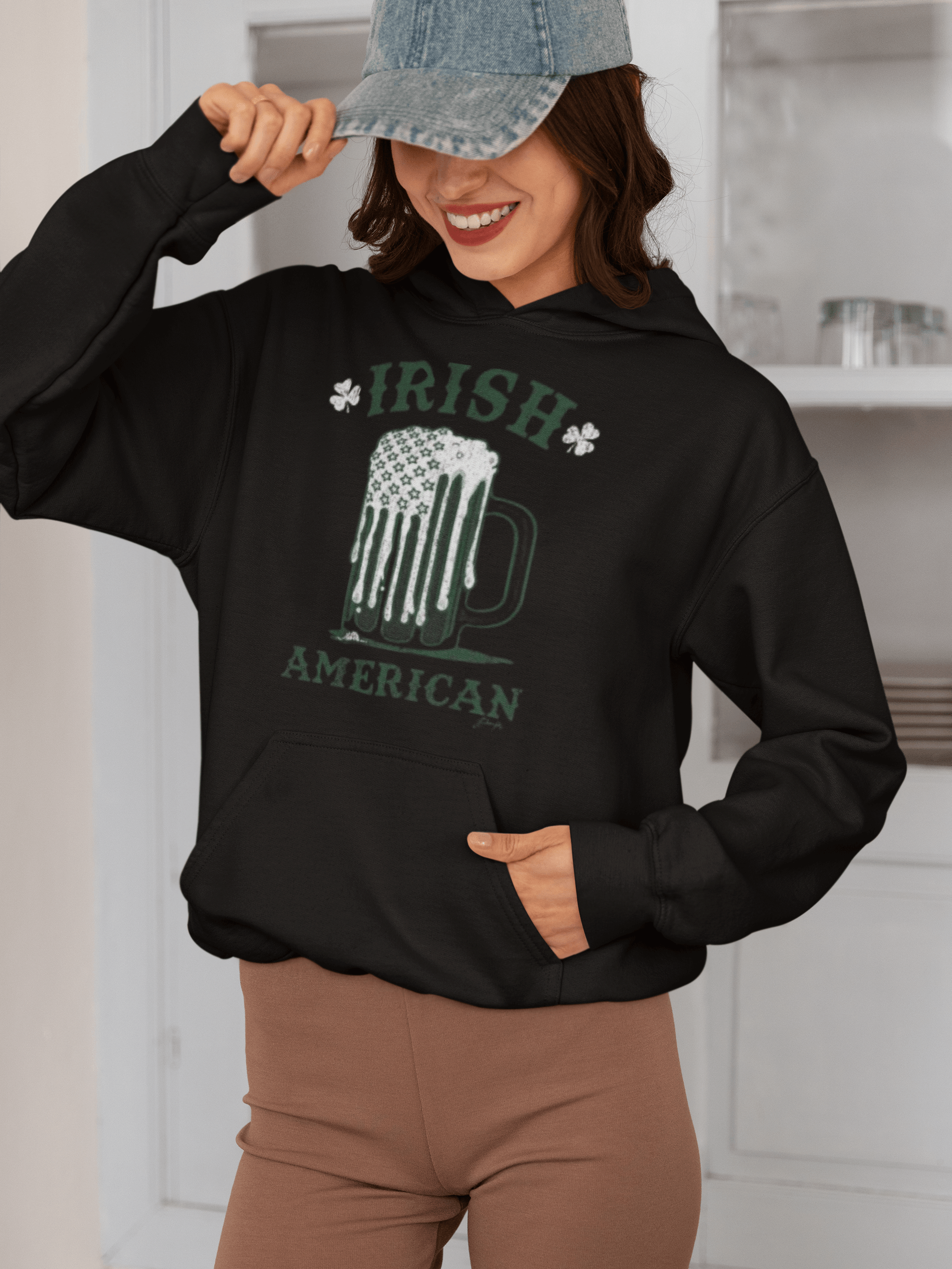 St. Patrick's Day Hoodie Frosted Beer Mug Shaped in Ameican Flag Blended Cotton Unisex Hoodie - TopKoalaTee