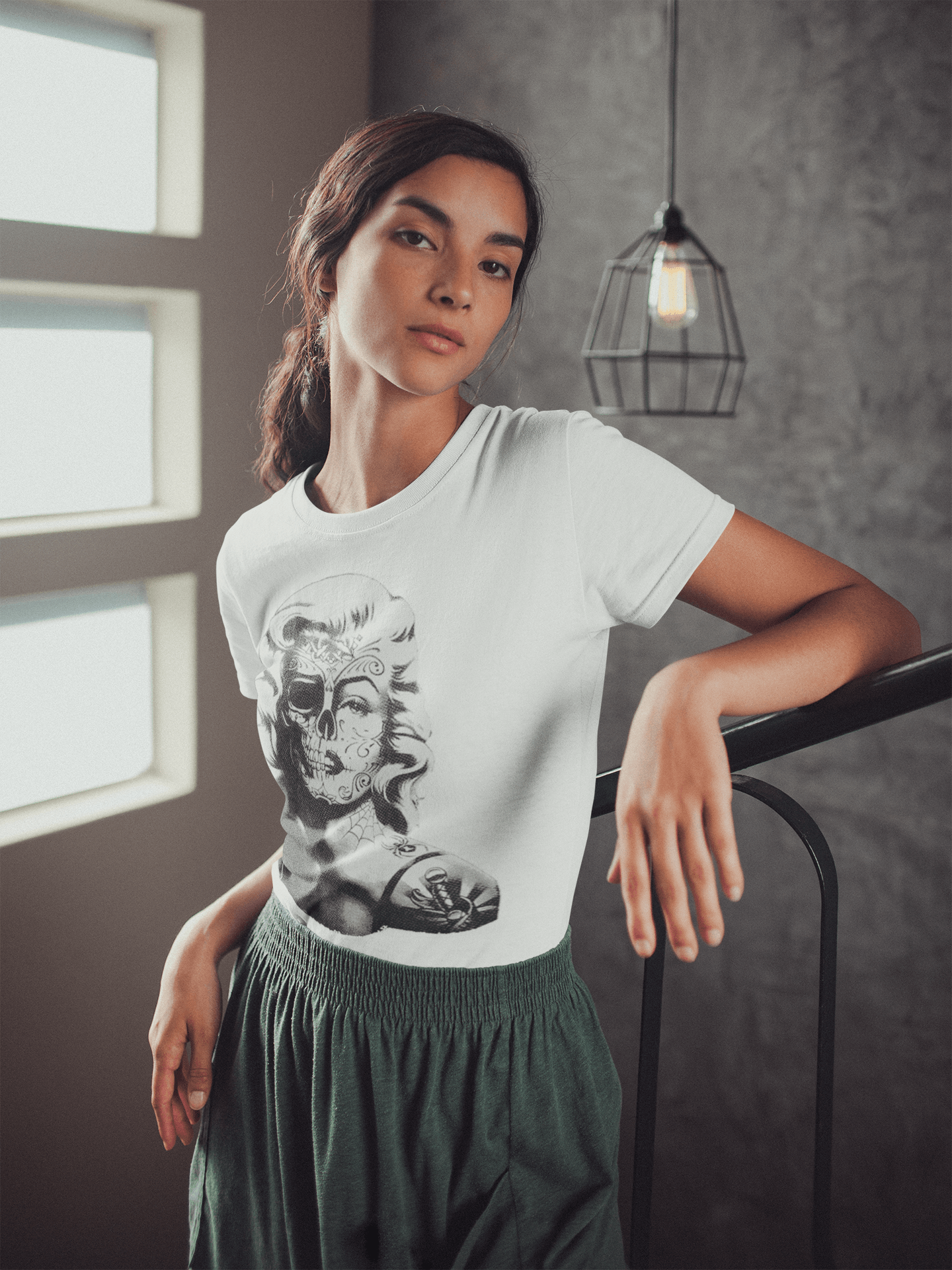 Cotton T-shirt Iconic 50's Pinup Girl With Half Skull Tattoo Unisex Tee - TopKoalaTee