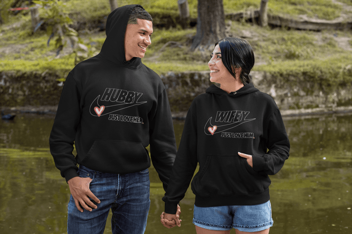 Husband and Wife Hoodie Set Hubby Just Love Her/Wifey Just Love Him Cotton Blend Ultra Soft Pullovers - TopKoalaTee