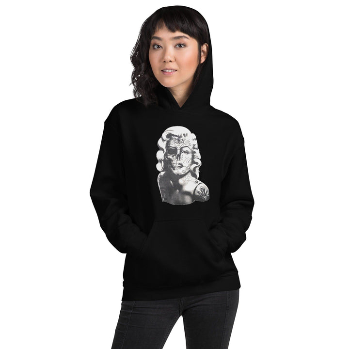 Marilyn Monroe Hoodie Classic Actress's Pop Culture Portrait with Half Skull in Tattoo Style Unisex Pullover - TopKoalaTee