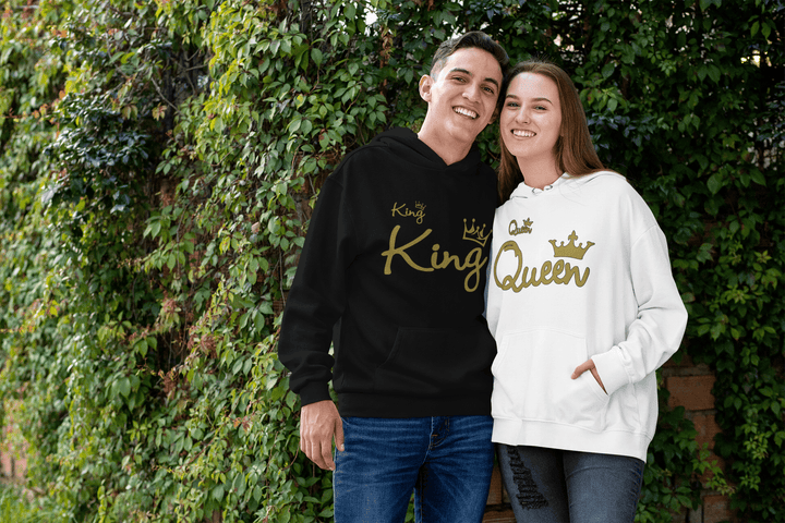 King in Gold Queen in Gold Script Relationship Hoodie Set Ultra Soft Blended Cotton Midweight Pullovers - TopKoalaTee