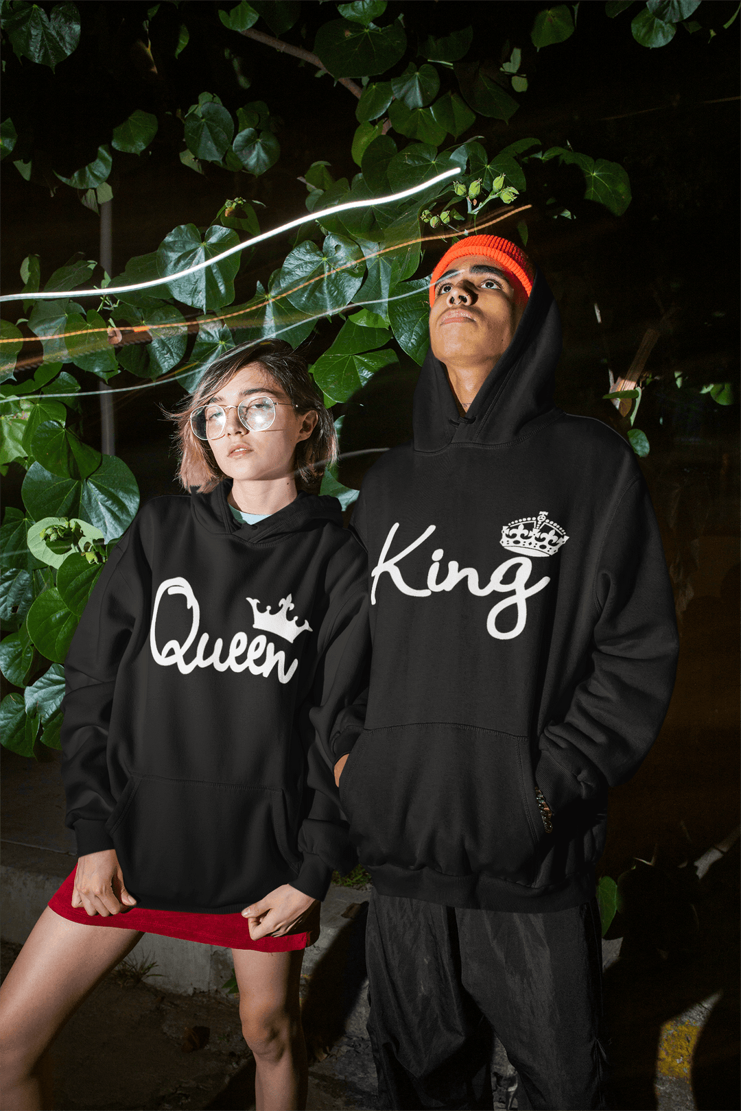 King in White Script Queen in White Script Unisex Couples Hoodie Set - TopKoalaTee