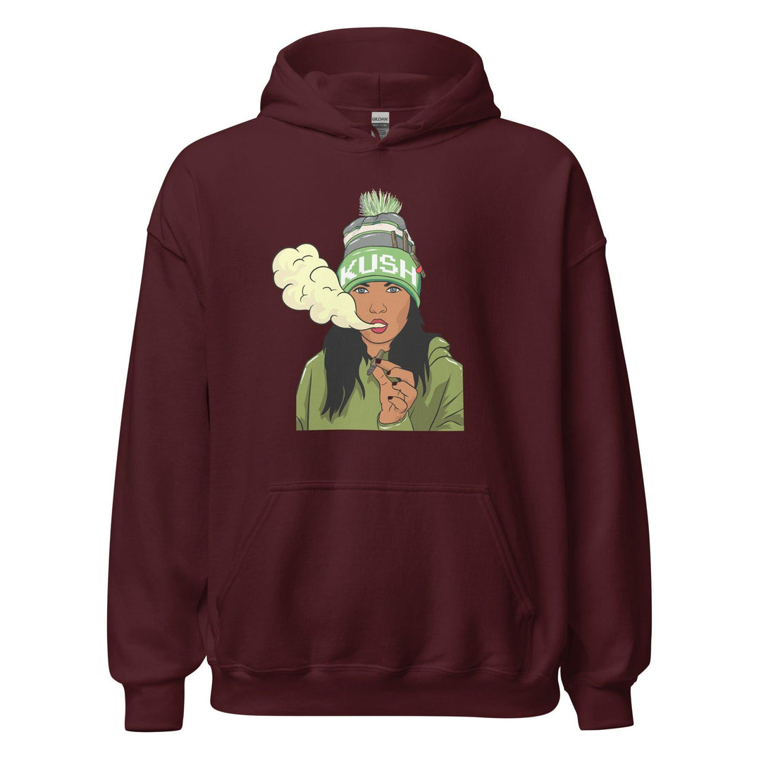 Marijuana Hoodie Sexy Women with Blunt Blowing out Smoke in a Kush Hat Unisex Pullover - TopKoalaTee