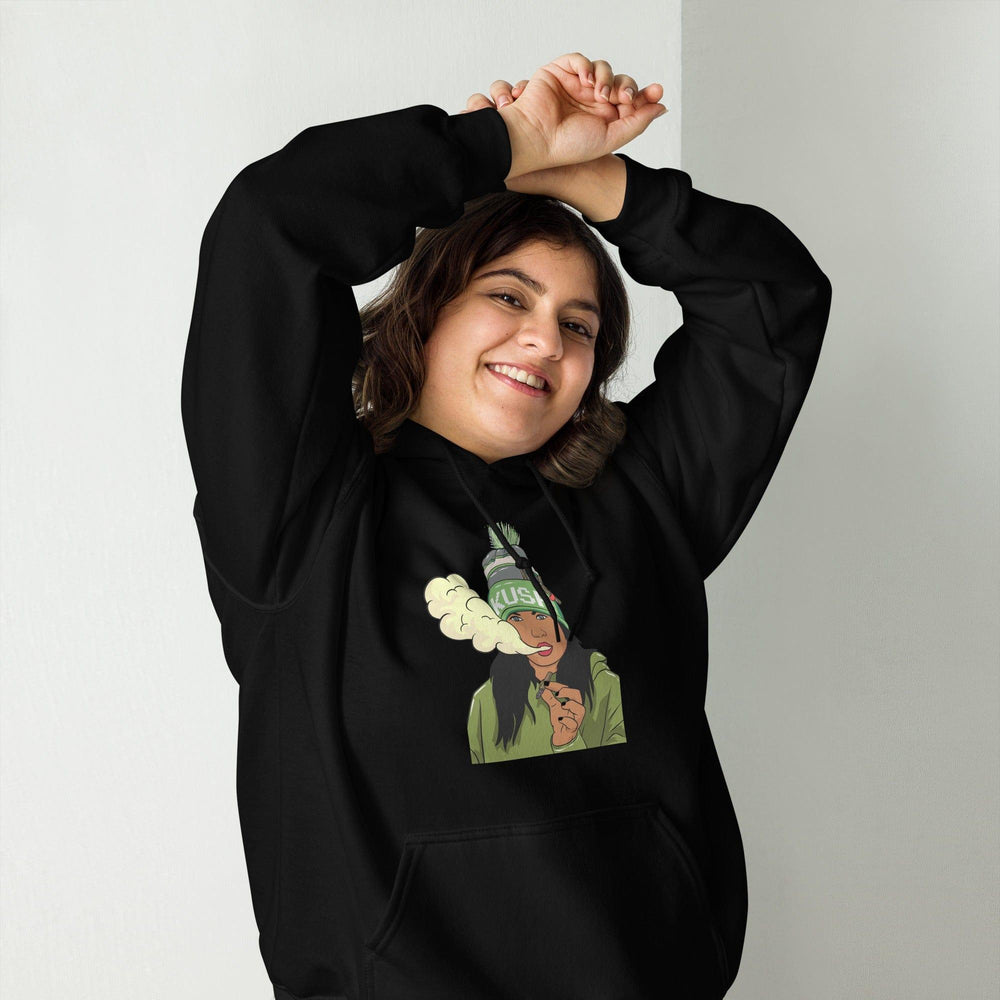 Marijuana Hoodie Sexy Women with Blunt Blowing out Smoke in a Kush Hat Unisex Pullover - TopKoalaTee