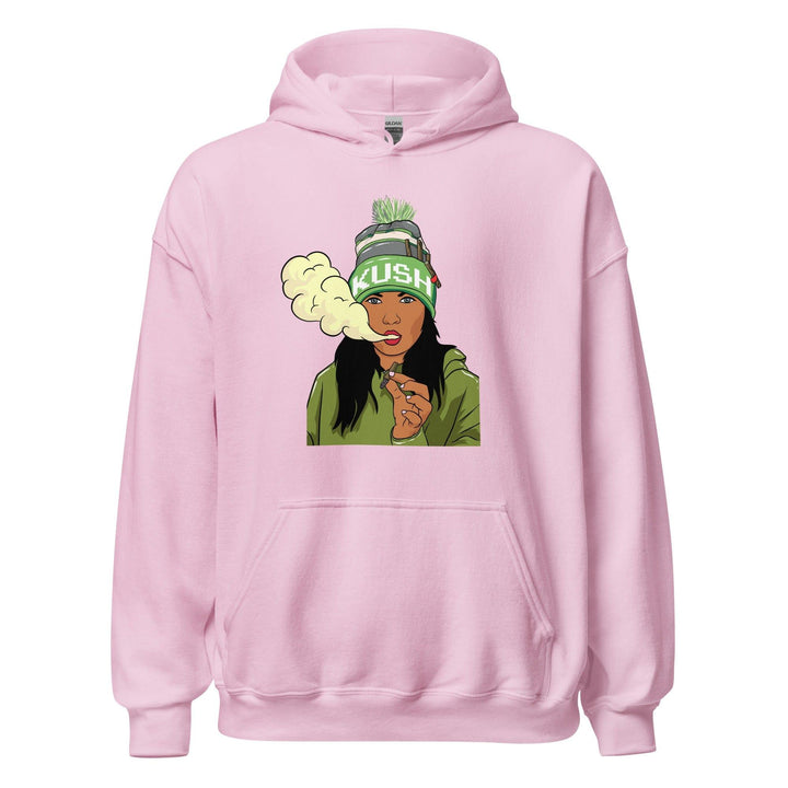 Marijuana Hoodie Sexy Women with Blunt Blowing out Smoke in a Kush Hat Unisex Pullover - TopKoalaTee