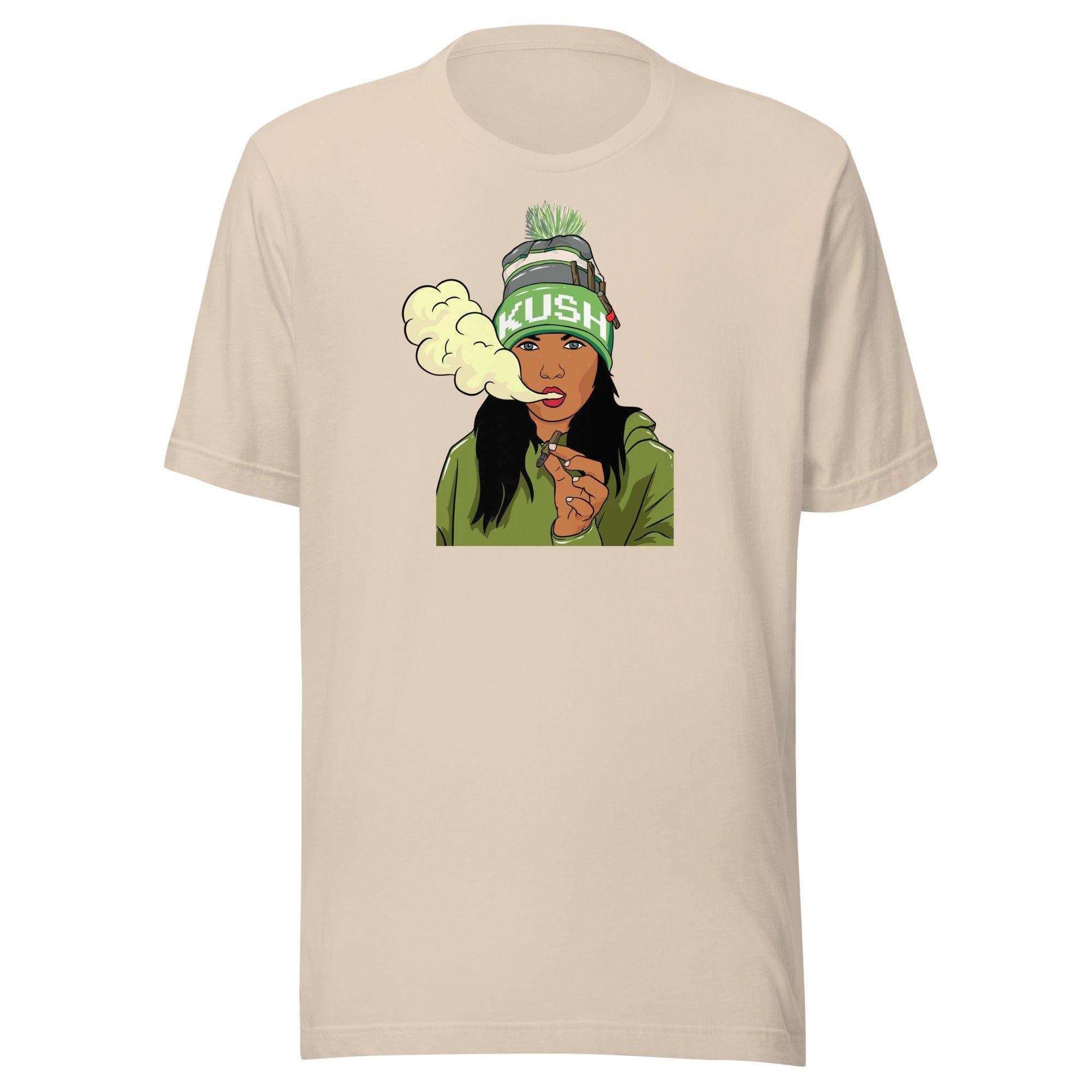 Marijuana T-shirt Sexy Women Blowing Smoke from Blunt Wearing Kush Hat Short Sleeve Unisex Top - TopKoalaTee