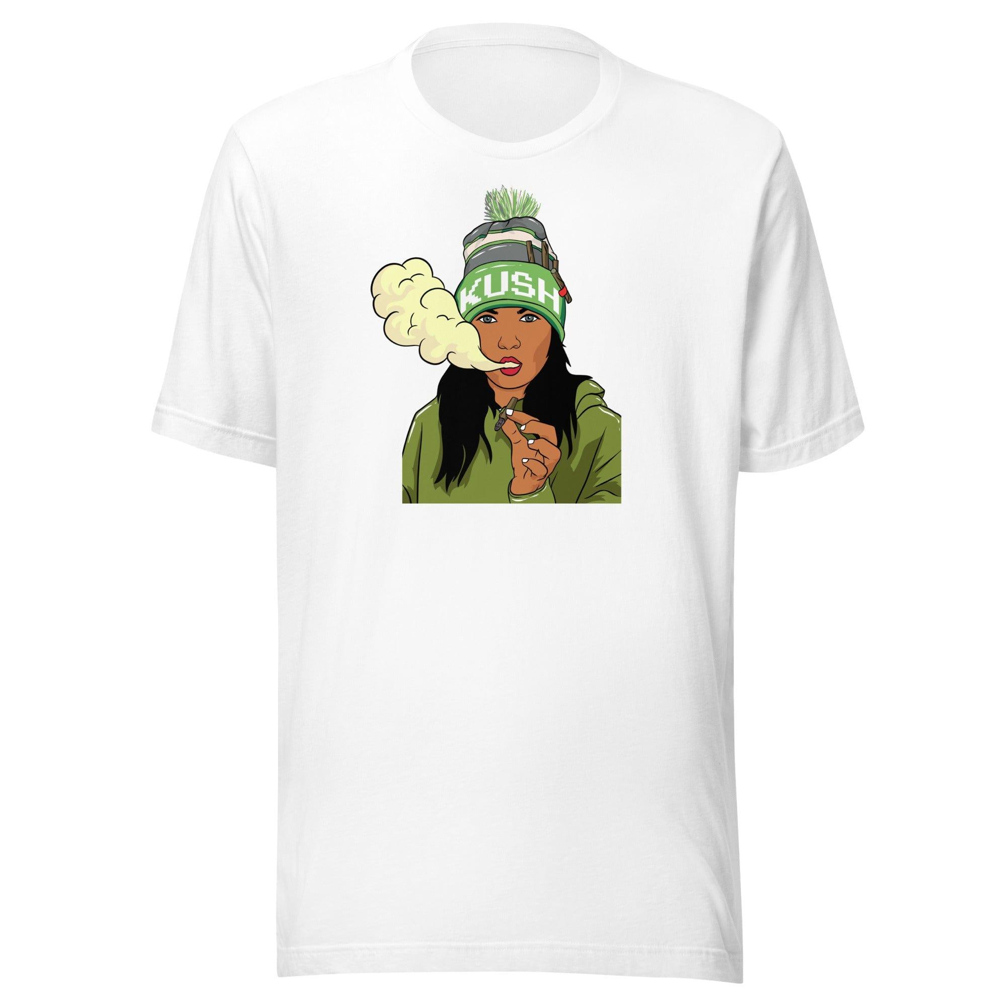 Marijuana T-shirt Sexy Women Blowing Smoke from Blunt Wearing Kush Hat Short Sleeve Unisex Top - TopKoalaTee