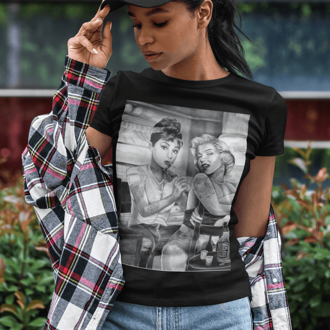 Marilyn And Audrey At Tattoo Parlor Short Sleeve 100% Cotton Crew Neck Top - TopKoalaTee