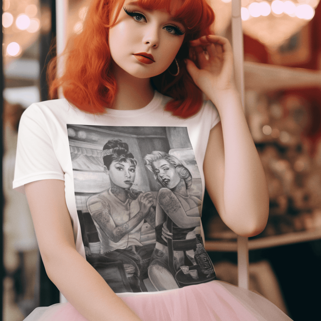 Marilyn And Audrey At Tattoo Parlor Short Sleeve 100% Cotton Crew Neck Top - TopKoalaTee