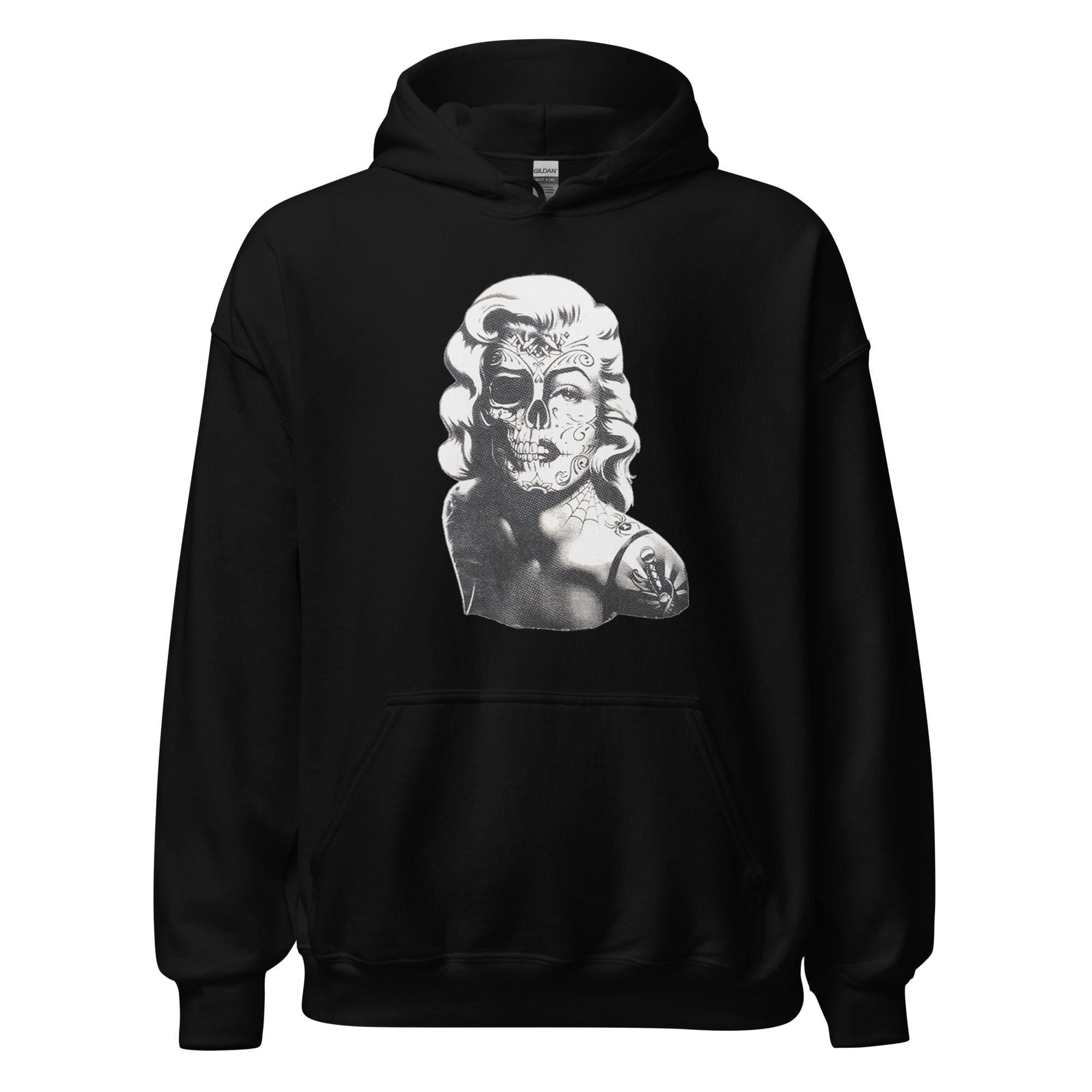 Marilyn Monroe Hoodie Classic Actress's Pop Culture Portrait with Half Skull in Tattoo Style Unisex Pullover - TopKoalaTee