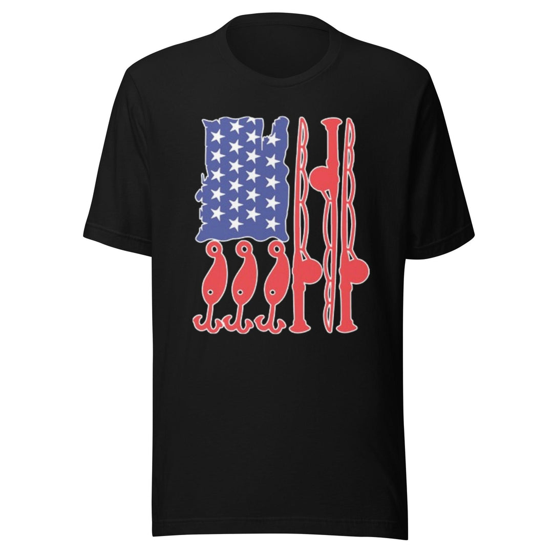 Marine Life T-shirt Fishing Poles Shaped USA Flag Short Sleeve Lightweight Crew Neck Top - TopKoalaTee