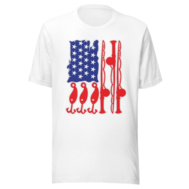 Marine Life T-shirt Fishing Poles Shaped USA Flag Short Sleeve Lightweight Crew Neck Top - TopKoalaTee