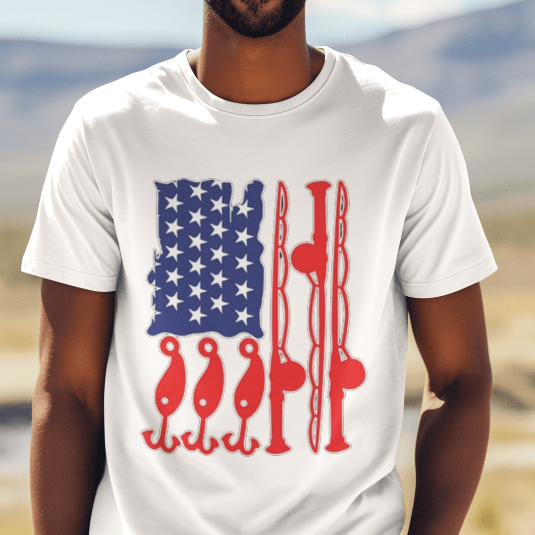 Marine Life T-shirt Fishing Poles Shaped USA Flag Short Sleeve Lightweight Crew Neck Top - TopKoalaTee