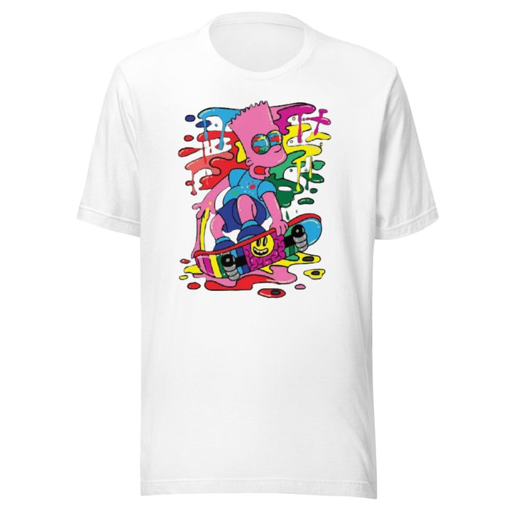 Modern Pop Art T-shirt Melting Animated TV Character on Sketeboard Short Sleeve Crewneck Unisex Top - TopKoalaTee