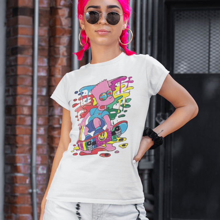 Modern Pop Art T-shirt Melting Animated TV Character on Sketeboard Short Sleeve Crewneck Unisex Top - TopKoalaTee