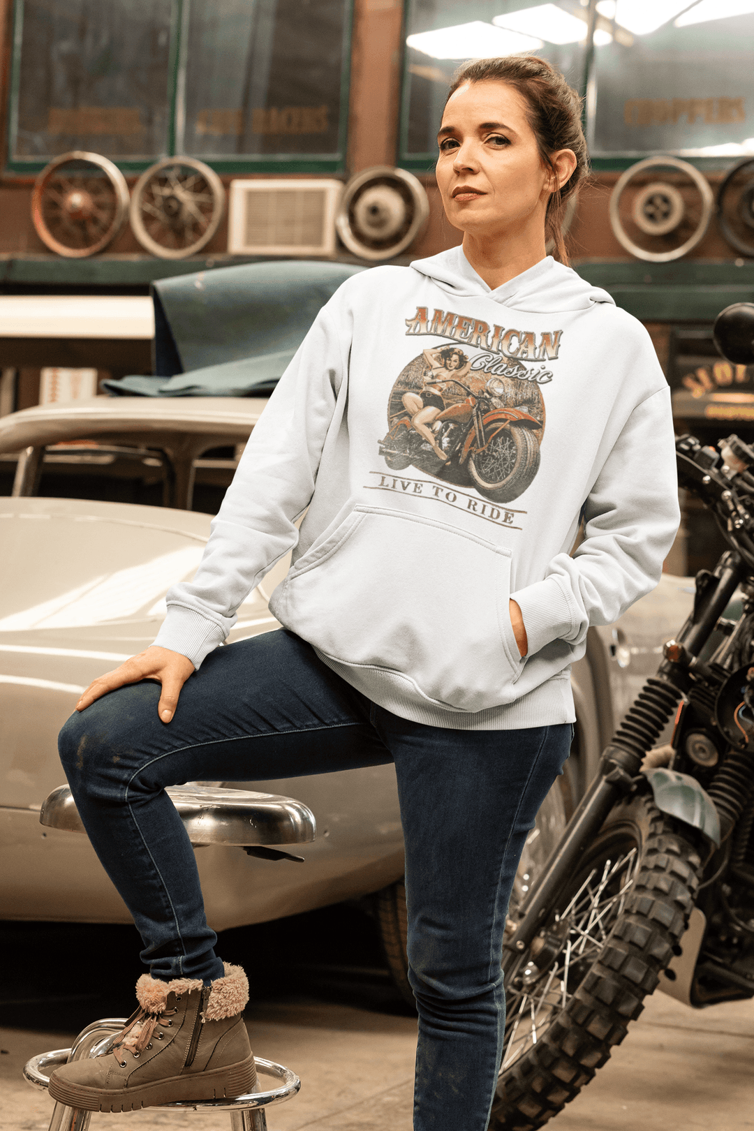 Motorcycle Hoodie American Classic Live to Ride Midweight Top Koala Pullover - TopKoalaTee