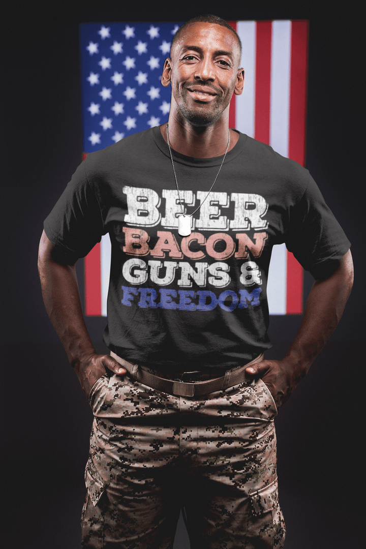 Americana T-shirt Beer Bacon Guns & Freedom Soft Style Short Sleeve Unisex Top - TopKoalaTee