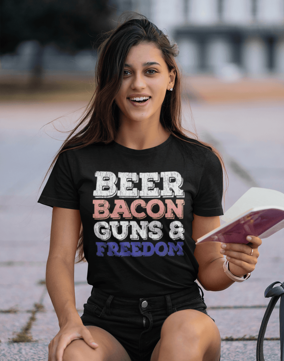 Patriotic T-shirt Beer Bacon Guns & Freedom Short Sleeve 100% Cotton Crw Neck Top - TopKoalaTee