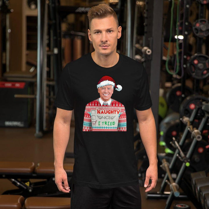 Political Christmas T-shirt Biden wearing Naughty or Nice Shirt Short Sleeve Top - TopKoalaTee