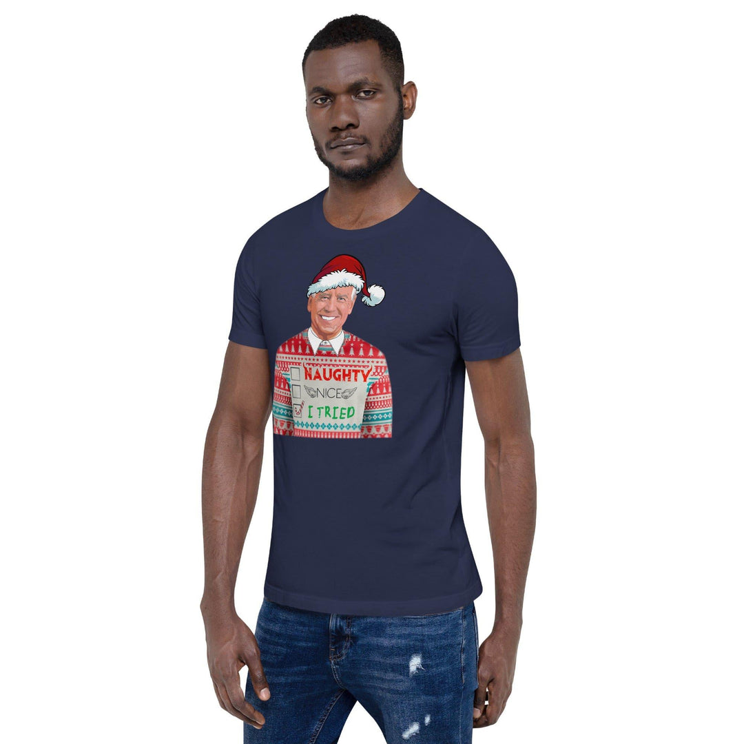 Political Christmas T-shirt Biden wearing Naughty or Nice Shirt Short Sleeve Top - TopKoalaTee
