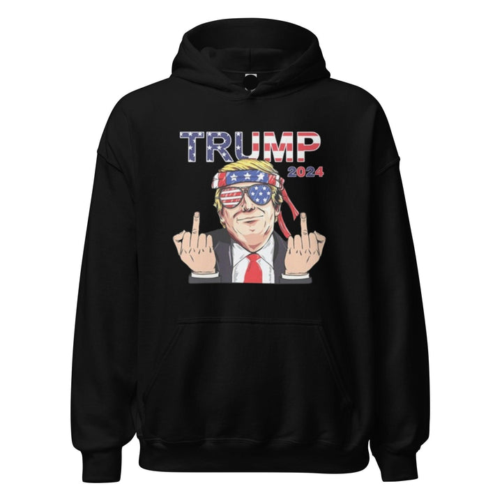 Political Humor Hoodie Animated Trump Giving Middle Finger Ultra Soft Cotton Blend Pullover - TopKoalaTee