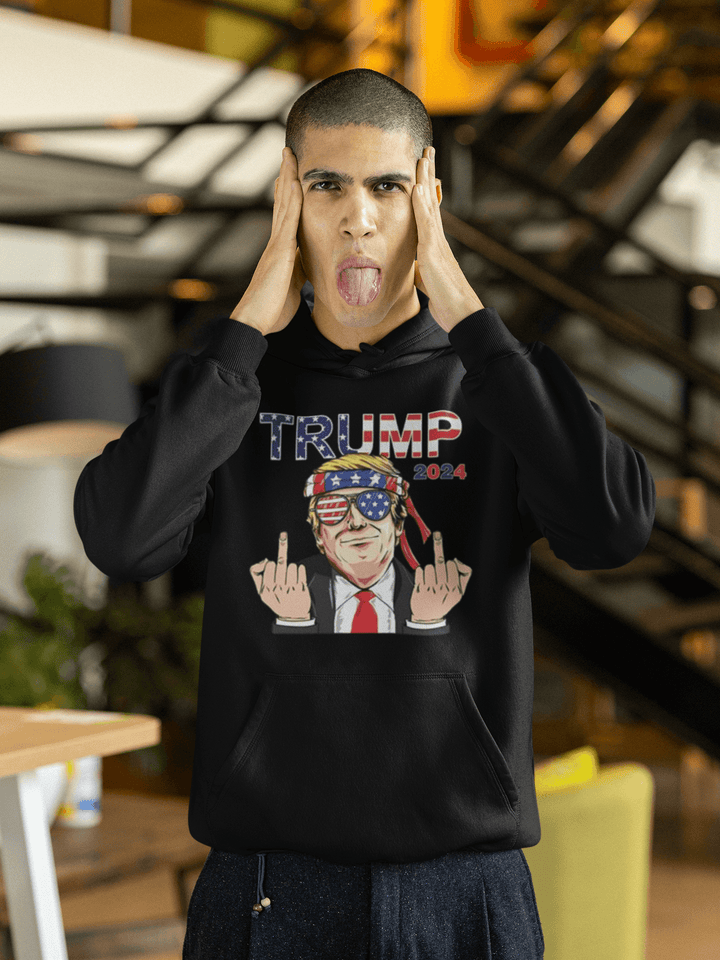 Political Humor Hoodie Animated Trump Giving Middle Finger Ultra Soft Cotton Blend Pullover - TopKoalaTee